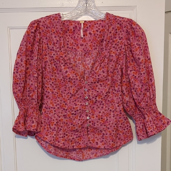 Free People I Found You Puff Sleeve Barbie Pink Picnic Princess Floral Cotton XS - Picture 2 of 6